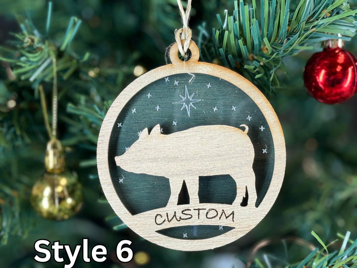 Pig Christmas Ornament: Rustic Wooden Farm Animal Gift
