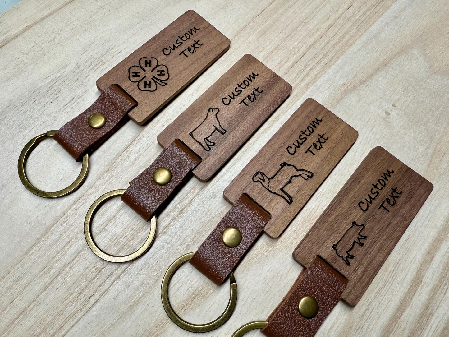 Customizable Walnut Farm Animal Keychain: Engraved Livestock & 4H Clover