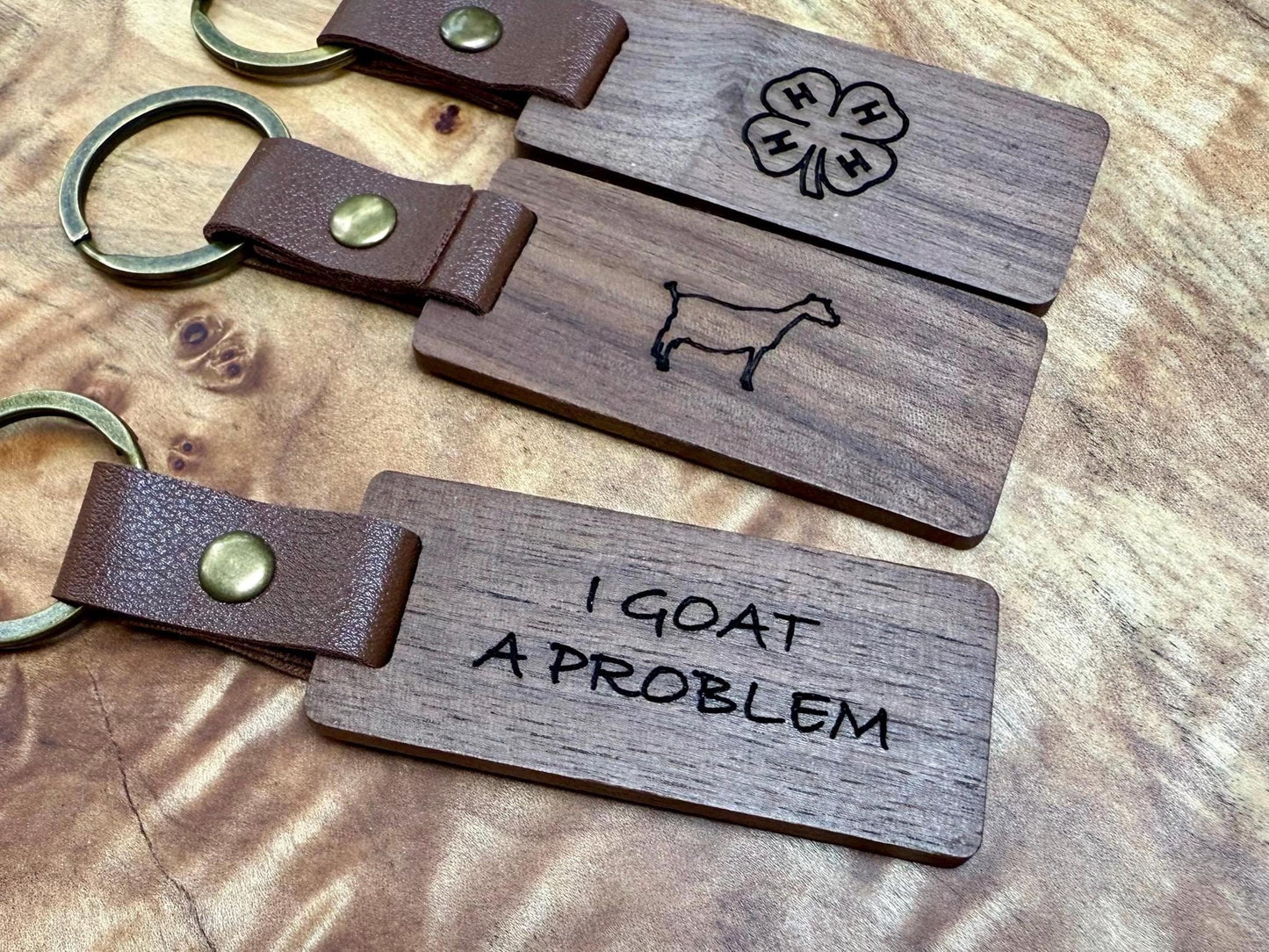 Funny Goat Problem Keychain - Engraved Walnut Wood