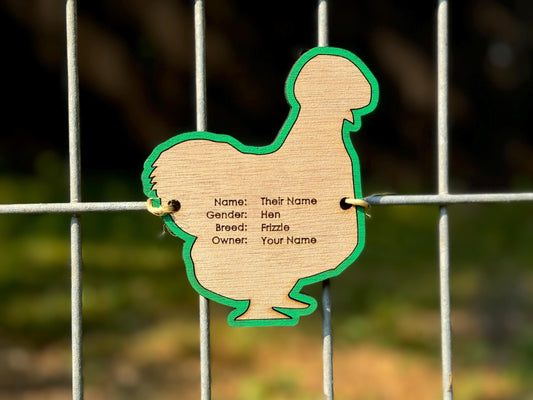 Chicken-Frizzle Chicken cage tag pen stall name plate label for livestock shows Hen Bird poultry Silkie