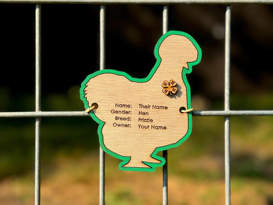 Chicken-Frizzle Chicken cage tag pen stall name plate label for livestock shows Hen Bird poultry Silkie