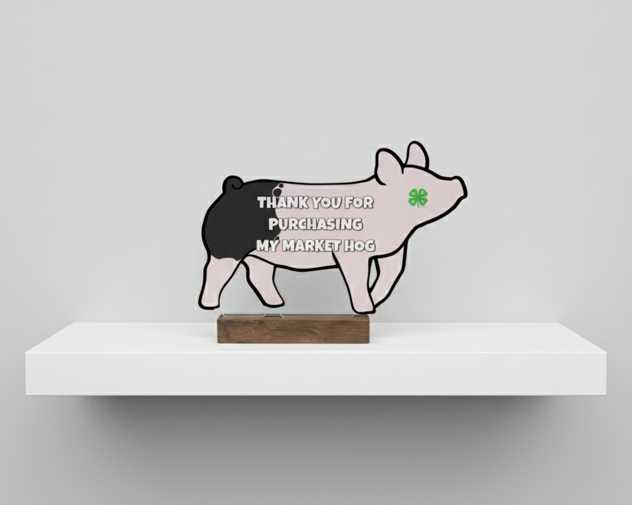 Decorative pig-shaped sign on a white shelf with a gray background