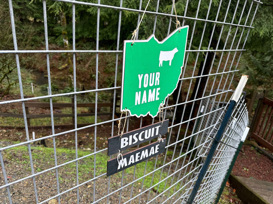 Farm Animal Name Tag for stall any state, cage or pen 4-H livestock shows or Home Farm. Goat, Pig, Horse Hog Cattle Cow Swine Lamb Fair