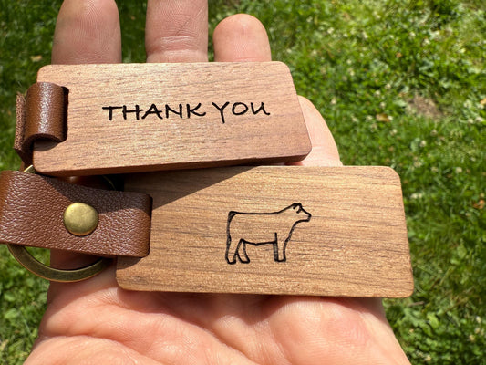 Engraved Walnut Market Steer Keychain: Livestock Show Buyer Gift