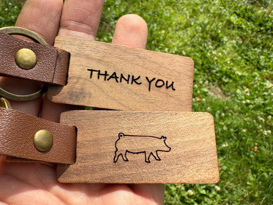 Engraved Walnut Market Hog Keychain: Livestock Show Buyer Gift